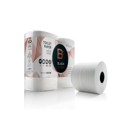 213065: Papier toilette traditionnel Black Satino - tissu recyclé - 2 plis - 400 coupons - gaufré - BLANC - 40 rouleaux (10x4) - 137800/062701
