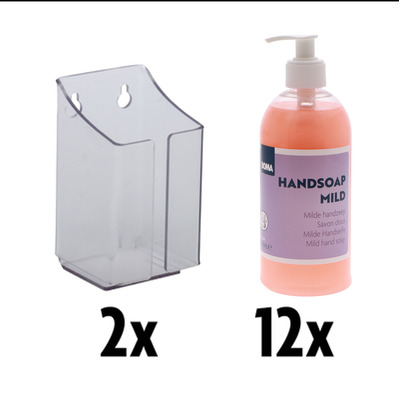 Hygiene package 4: 2 wall holders for bottle with pump + 12 bottles with 500 ml of mild hand soap