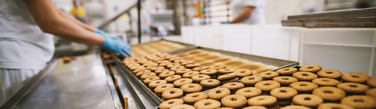 Person wearing personal protective equipment on the assembly line in a biscuit factory.