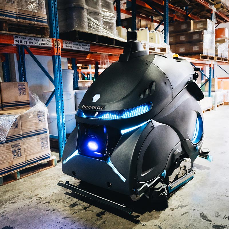 Cleaning robot Rex cleans in logistics environment.