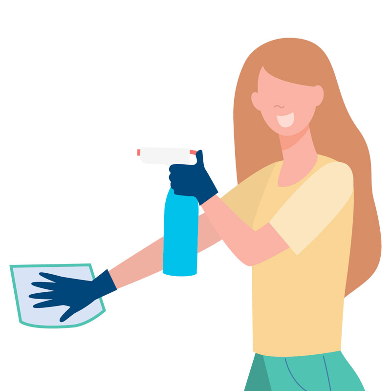 Vrouw die schoonmaakt met een microvezeldoek en een sprayflacon