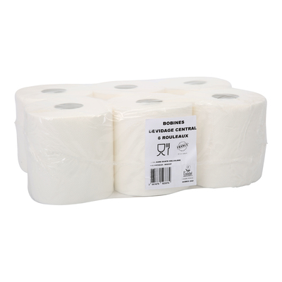 100163: Bobine d"essuyage maxi - dvidage central - tissu pur -2 plis - 103.5 m - 450 feuilles - gaufr - BLANC - 6 rouleaux