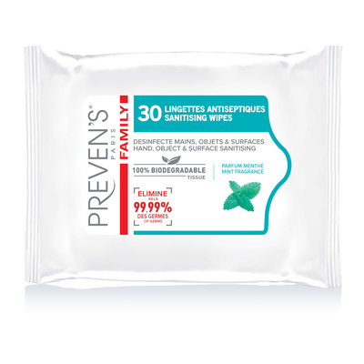 253044: Lingettes désinfectantes Preven"s mains et surfaces - sachet de 30 pièces