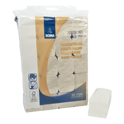 776913: Essuie-mains Singlefold - tissu recyclé - 2 plis - 23 x 24 cm - BLANC - 4000 pièces (20x200)