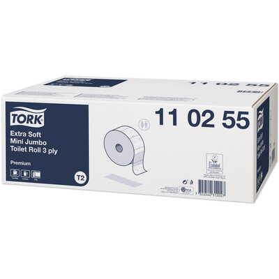 773316: Tork Extra Soft Mini Jumbo Toilet Paper Premium - 3 plis - 600 feuilles - 120 m x 9,7 cm - BLANC - 12 rouleaux - 110255