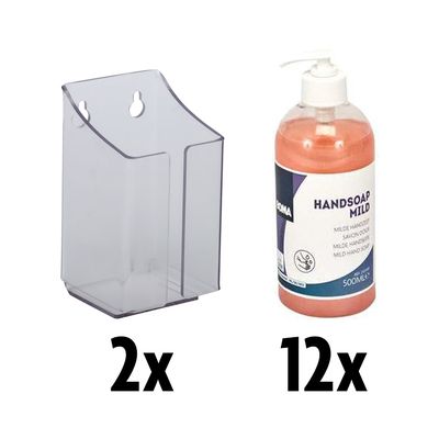 210108: Pack hygiène 4: 2 x support mural pour flacon avec pompe + 12 x 500 ml Handsoap Mild